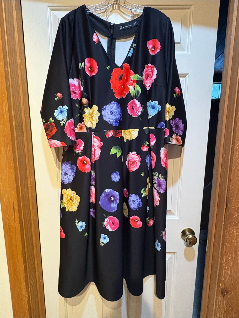 New York & Company Black Dress with Pink and Red Floral Accent